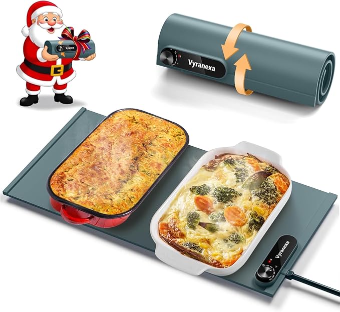 Warming Mat for Food - Space-Saving, Fits Two Baking Dishes, 7 Temp Settings, 4h Auto Shut-Off, Durable Silicone Surface, Easy to Clean, Perfect for Parties and Everyday Use (Green, Medium)