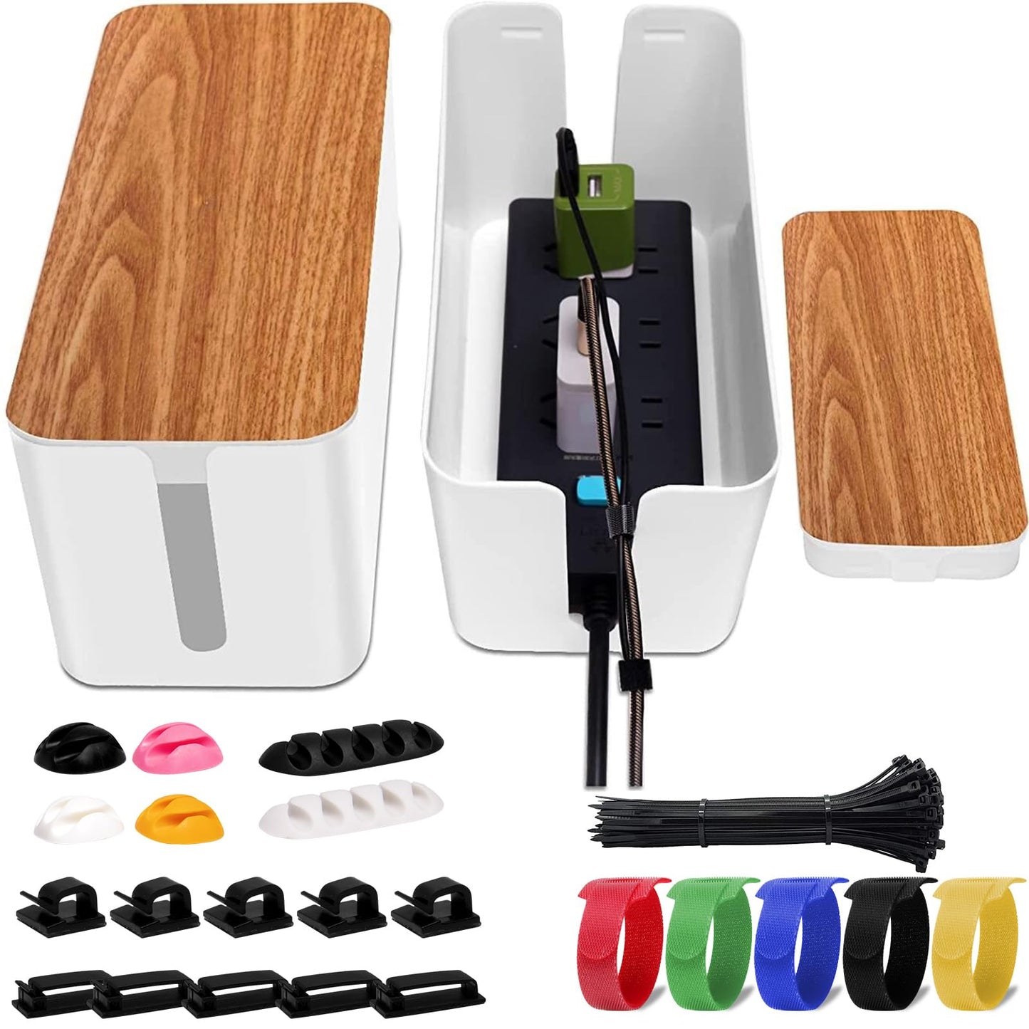 YUANYE Cable Management Box 2 Pack with 122 Cable Clips Set, Large Cord Organizer Box Hide Power Strip for Computer, Router, USB Hub and Under Desk Power Strip, Safe ABS Material Cord Management