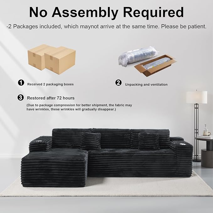 Cloud Sectional Couch with L-Shape Chaise, Modern Modular Sofa with Deep Seat, Built-in Cup Holder & Storage Pocket for Living Room Bedroom, No Assembly Required (Black Grey, Left Sitting Chaise)