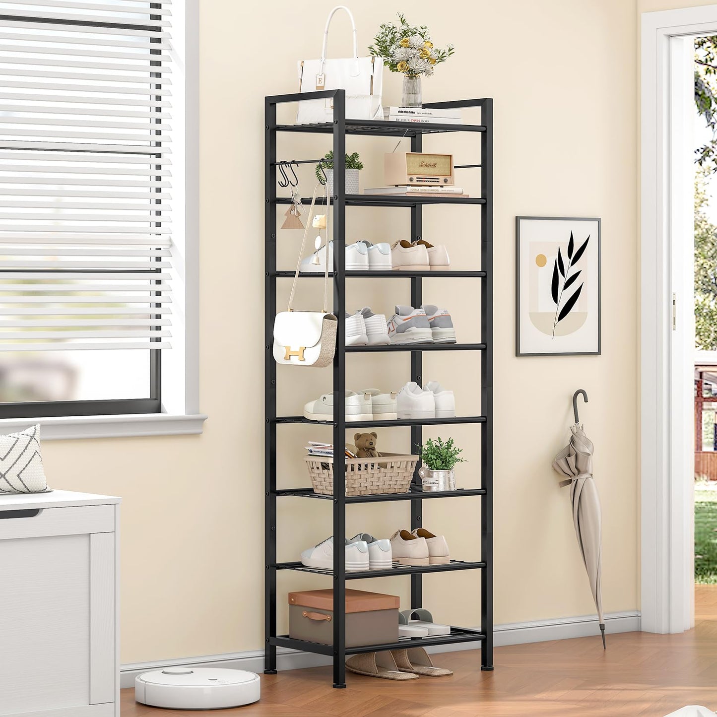 usikey 8 Tiers Narrow Shoe Rack 16-24 Pairs, Sturdy Metal Tall Shoe Rack with 4 Hooks, Slim Shoe Storage Organizer with Metal Shelf, Space Saving Vertical Shoe Shelf for Entryway, Closets, Black