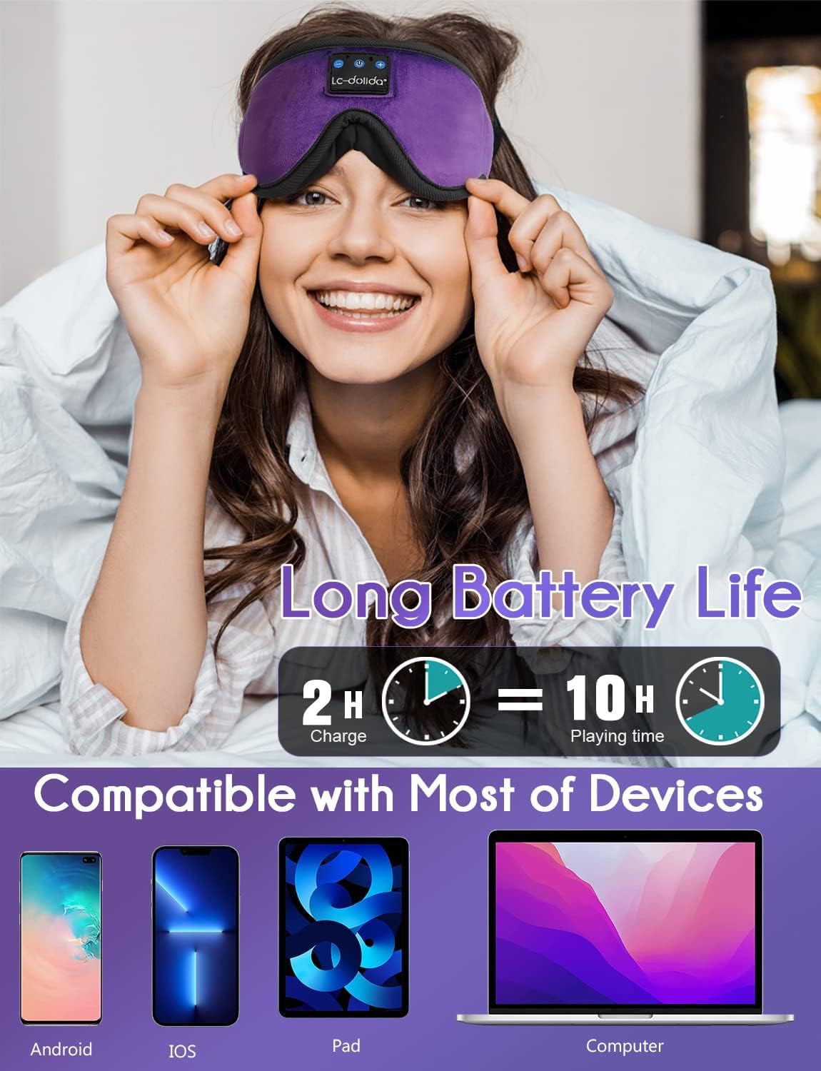 LC-dolida Sleep Headphones, Sleep Mask Bluetooth Wireless Music Eye Mask, Sleeping Headphones for Side Sleepers Sleep Mask with Bluetooth Headphones Ultra-Thin Stereo Speakers Perfect for Sleeping
