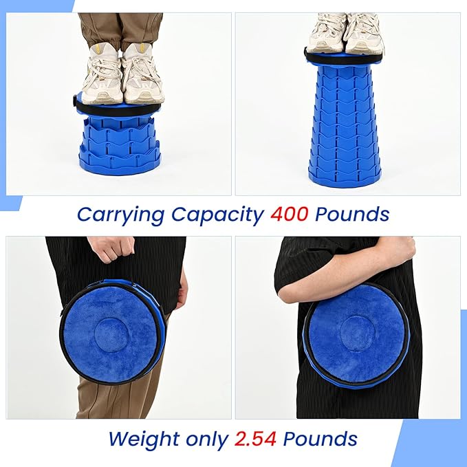 FXKS 2 Pack Upgraded Collapsible Stools Folding Stool with Cushion,Retractable Folding Stool Max Load Capacity 400lbs, Portable Telescoping Stools for Camping Hiking Outdoor BBQ Fishing-Dark Blue