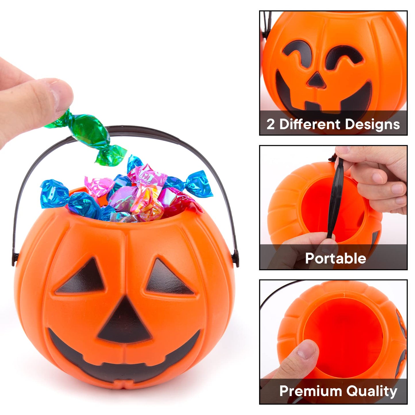 MCPINKY Halloween Pumpkin Buckets, 4PCS Portable Jack-O-Lantern Buckets with 4PCS Candle LED Lights Trick or Treat Goody for Kids Halloween Party Favors Room Decor