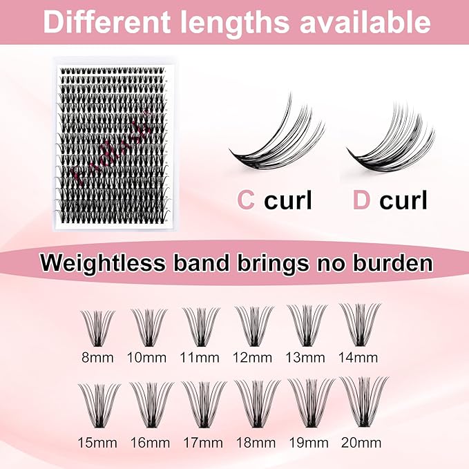 Cluster Lashes 300Pcs Mix 8-20mm individual lashes 50D D Curl Lash Clusters DIY Eyelash Extensions Wispy Individual Lash Extensions Thin Band Soft Eyelash Clusters to Use at Home (50D-0.07-D,8-20mm)