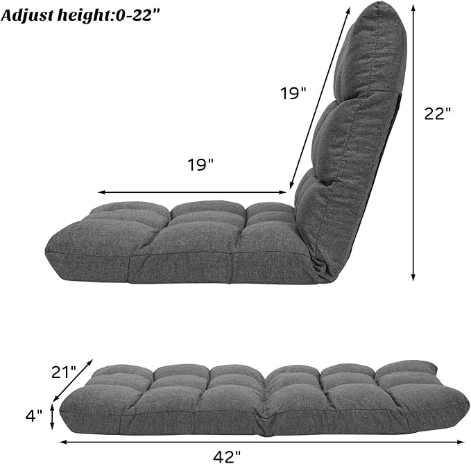 GORELAX Floor Chair with Back Support, 14-Poistion Adjustable Folding Gaming Chair Recliner, Meditation Chair with Steel Frame, Padded Lazy Sofa Chair for Adults, Kids (Gray)