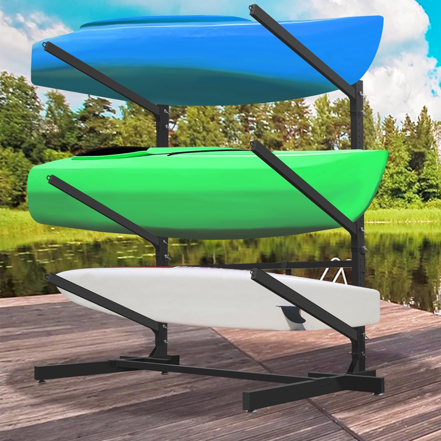 Kayak Storage Rack with Paddle Hooks, SUP Outdoor Storage Rack Heavy Duty Adjustable Weatherproof Freestanding Racks for Garage, Storage Rack for Kayak, Canoe, Surfboard (3 Levels for 3 Kayaks)
