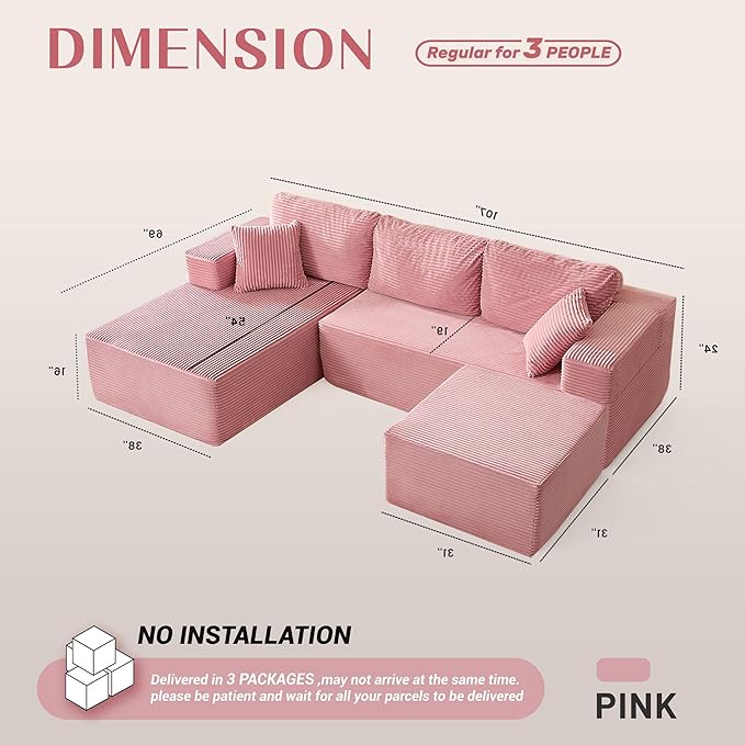 Afuson 107" Boneless Couch with Deep Seat, Modular Sectional Sofa, Cloud Sectional Couch for Living Room, No Assembly Required, Corduroy, U-Shape 3 Seater Left, Pink