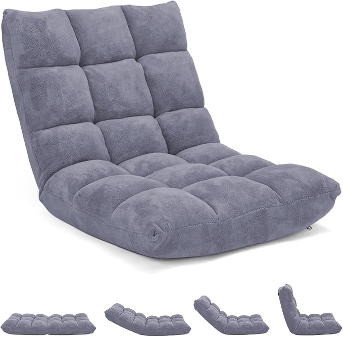 Folding Floor Chair w/Back Support, 14-Position Adjustable Lazy Sofa Chair w/Coral Velvet Fabric & Alloy Steel Frame, Portable Meditation Chair for Reading, Gaming,Sleeping (Grey)