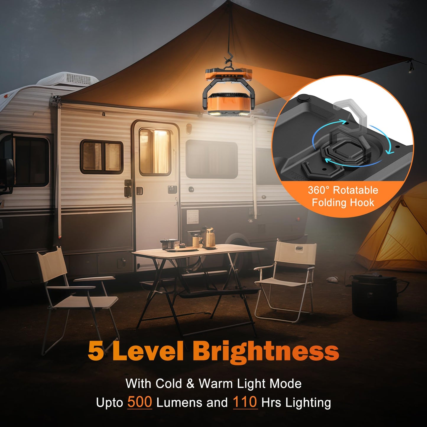 Amacool 20000Mah Rechargeable Camping Fan, Battery Operated Fan With Light, 68Hrs Work Time, 4 Speed, Auto Oscillating Outdoor F