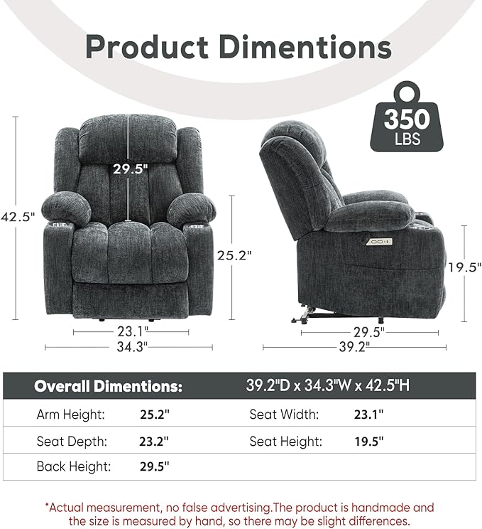 ABCASA Large Power Lift Chairs Recliners for Elderly with Heat ＆ Massage, Upgraded Chenille Recliners, USB-A ＆ C, Cup Holder, Side Pocket, Grey Blue