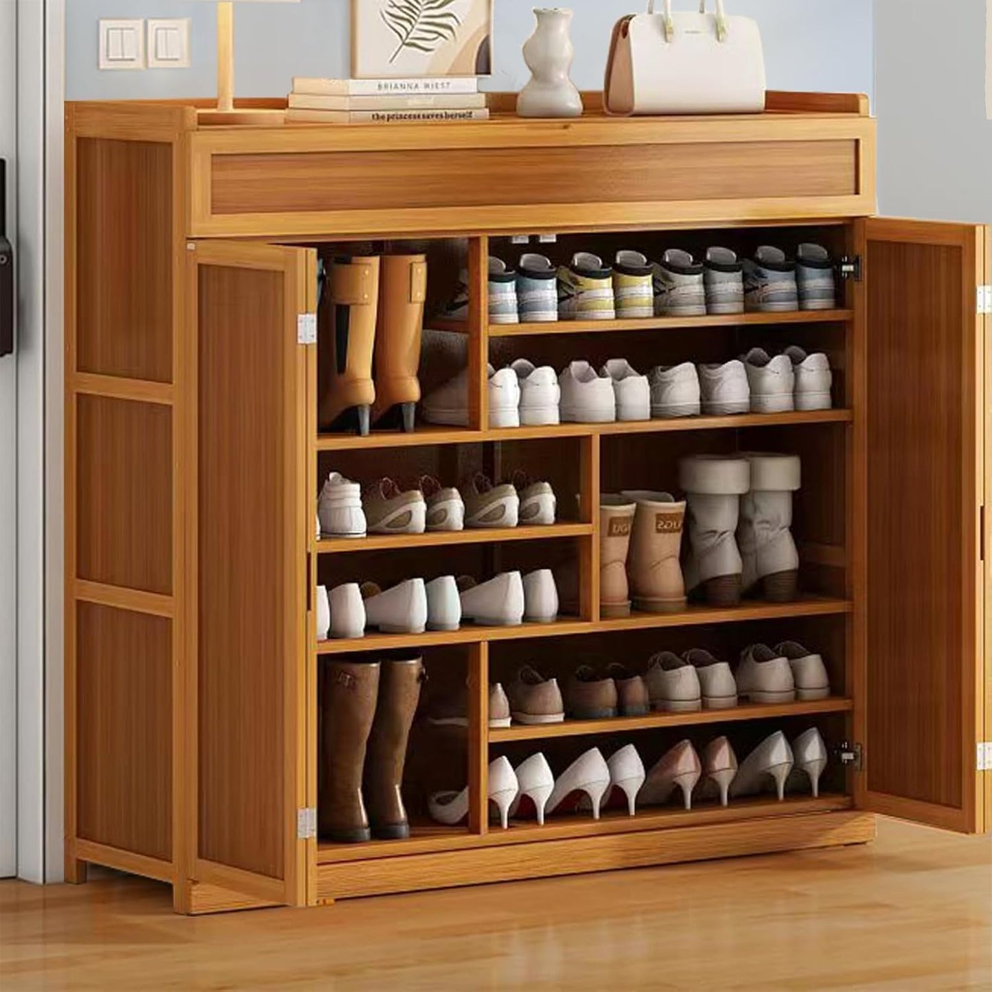 lyvcev 8 Tier Bamboo Shoe Storage Cabinet with Doors, 39-41 Pairs Shoe Rack for Closet, Freestanding Shoe Storage Cabinet for Hallway Living Room (Brown).