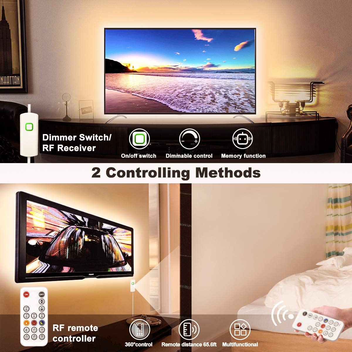 MY BEAUTY LIGHT LED Strip Lights Warm White,65.6ft Dimmable LED Light Strip with RF Remote,1200 Bright 3000K 2835 LEDs,Plug-in Adhesive Rope Lights with Timing Mode for Living Room Bedroom Kitchen