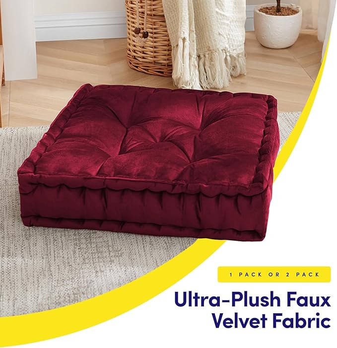 Floor Pillow Large Square Tufted Decorative Cushion 20" x 20" Faux Velvet Fabric Ultra Thick Fill for Kids and Adults, 2 Pack, Burgundy Red