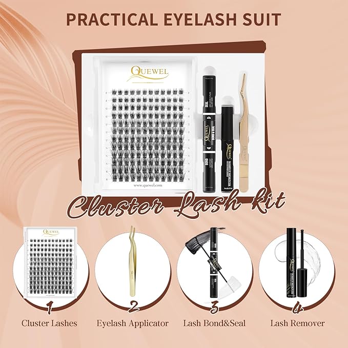 QUEWEL DIY Eyelash Extensions Kit, Lash Clusters 144 Pcs, Clusters Eyelash Applicator Tool, Super Hold Cluster Lashes Bond and Seal, Glue Remover Easy to Apply at Home(S012-Kit)