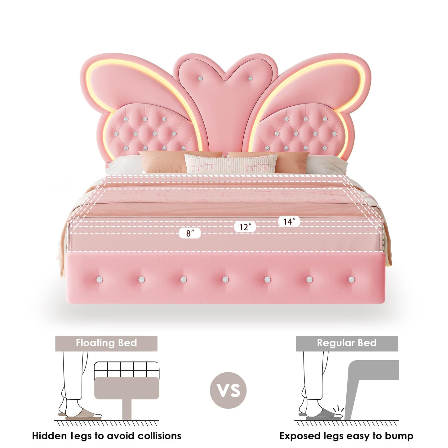 Keyluv Queen Bed Frame Butterfly-Pattern Upholstered Headboard, Modern Floating Bed with LED Lights Button Tufted on Headboard and Footboard, Slats Support No Box Spring Needed, Noise-Free, Pink