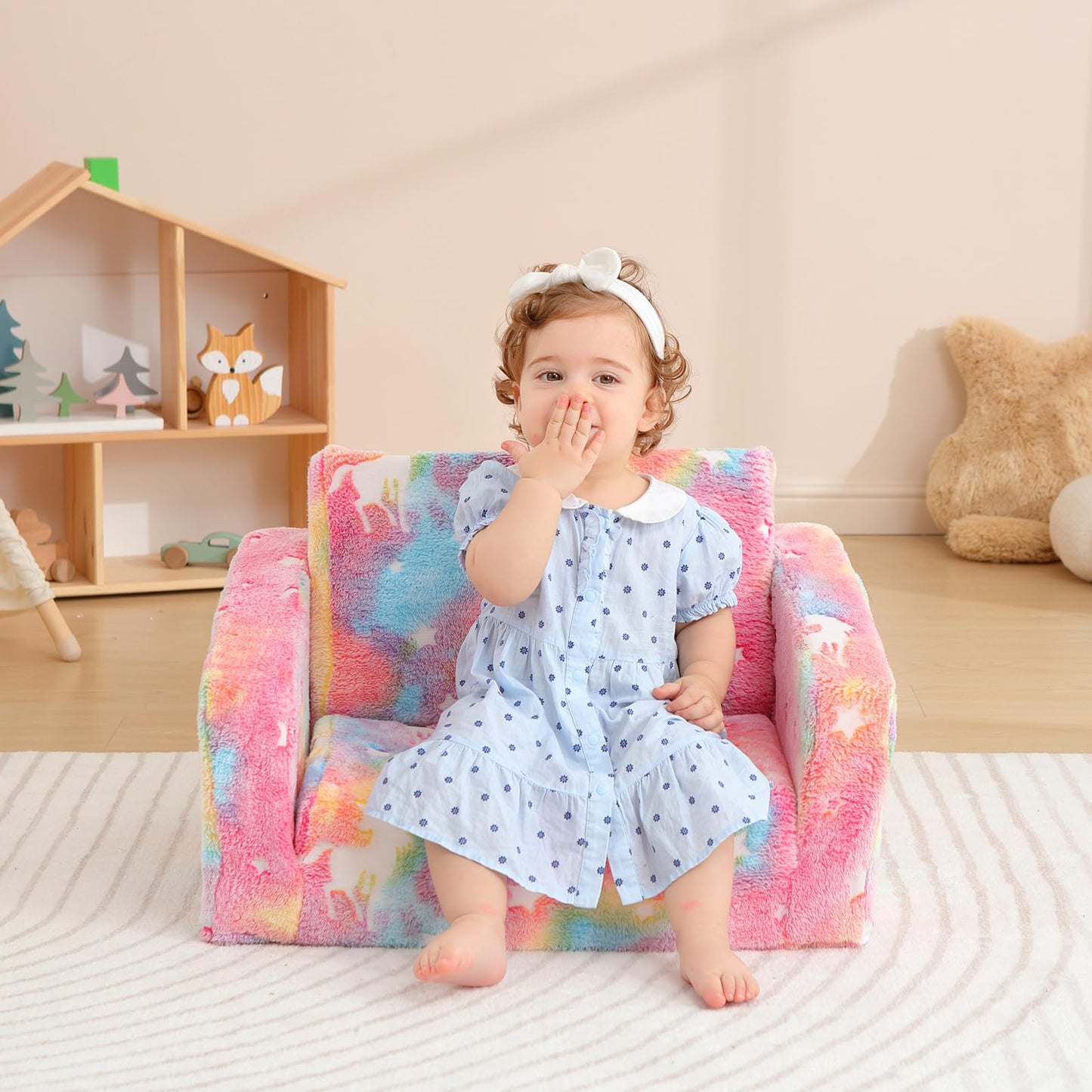 Kisdsa Toddler Couch Fold Out, Foldable Toddler Chair with Blanket, Kids Couch for Girls & Boys, Flip Out Kids Sofa, Convertible Sofa to Lounger for Children Age 1-3 (Glow Pink)
