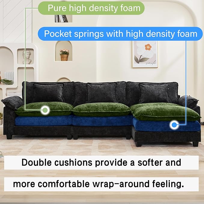Oprisen 120" Modular Sectional Sofa, Comfy Cloud Couch Sectional Sofa with Ottoman, Chenille Sofa Sleeper Deep Seat Sofa with Throw Pillows for Living Room (Black, 120"- L Shape)