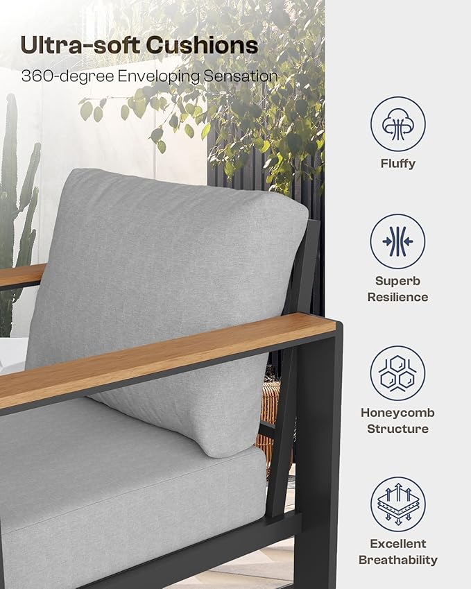 Oasbira Aluminum Outdoor Patio Furniture Set with Coffee Table, 4 Piece Patio Conversation Sets with Washable Thick Cushions, Patio Sectional Furniture Set for Porch, Balcony, Yard, Gray