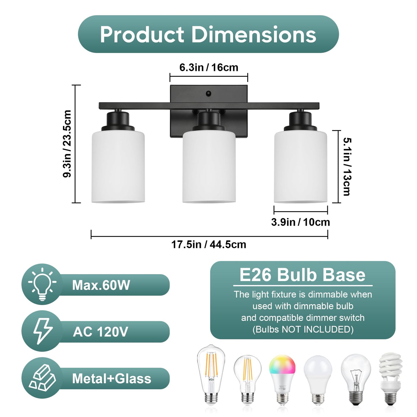 Ascher Bathroom Light Fixtures, 3-Light Vanity Light Over Mirror, Black Wall Sconces with Milky White Frosted Glass Shades, Wall Lamp for Living Room Bedroom, E26 Base(Bulbs Not Included)