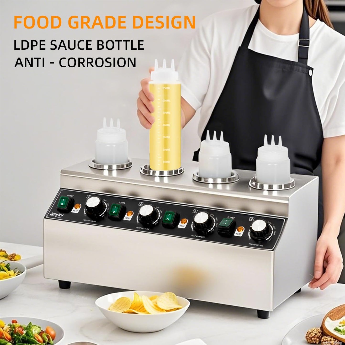 JOHAKYU Commercial Electric Sauce Warmer Dispenser – Stainless Steel Countertop Hot Fudge/Nacho Cheese Warmer with 4×650ml Squeeze Bottles and 4 Funnels (4 Grids)