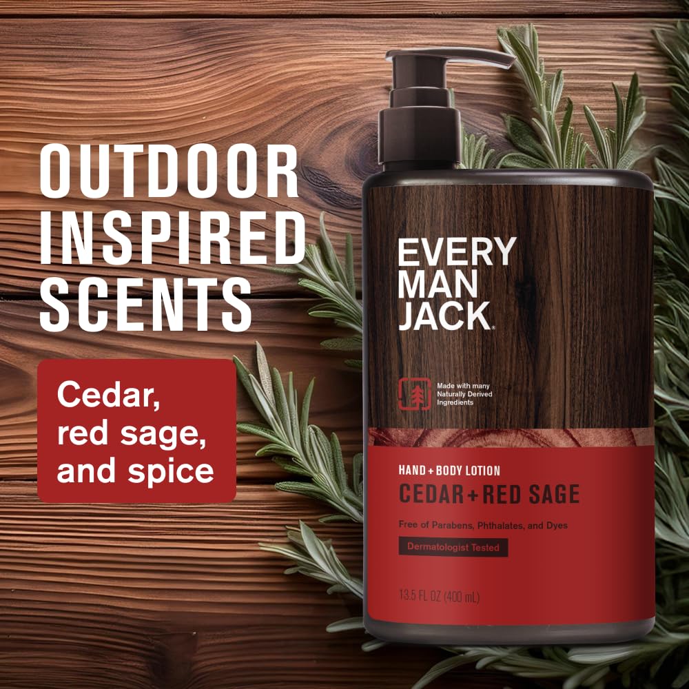 Every Man Jack Mens Cedar+ Red Sage Hand & Body Lotion for All Skin Types - Dermatologist Tested & Hypoallergenic - Nourish Skin
