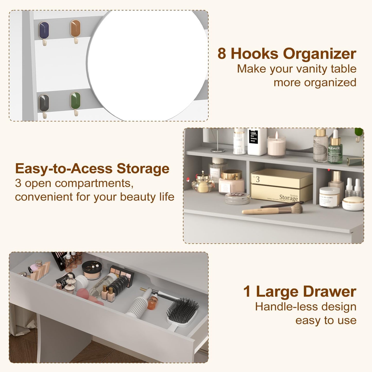 HedoAjim Vanity Desk with Lights, Makeup Table with Mirror, Dressing Table with 5 Hollywood Bulbs, 3 Adjustable Lighting Colors, Small Vanity Desk for Bedroom (Grey)