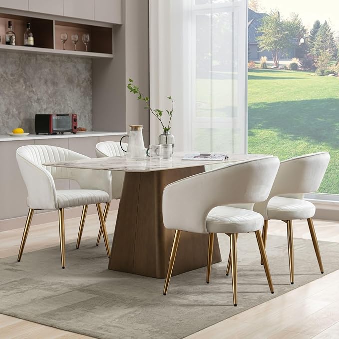 Cream Velvet Dining Chairs Gold Legs, Modern Dining Room Chairs with Arms Set of 2 Upholstered Accent Chair Armchair with Barrel Back for Kitchen Living Room