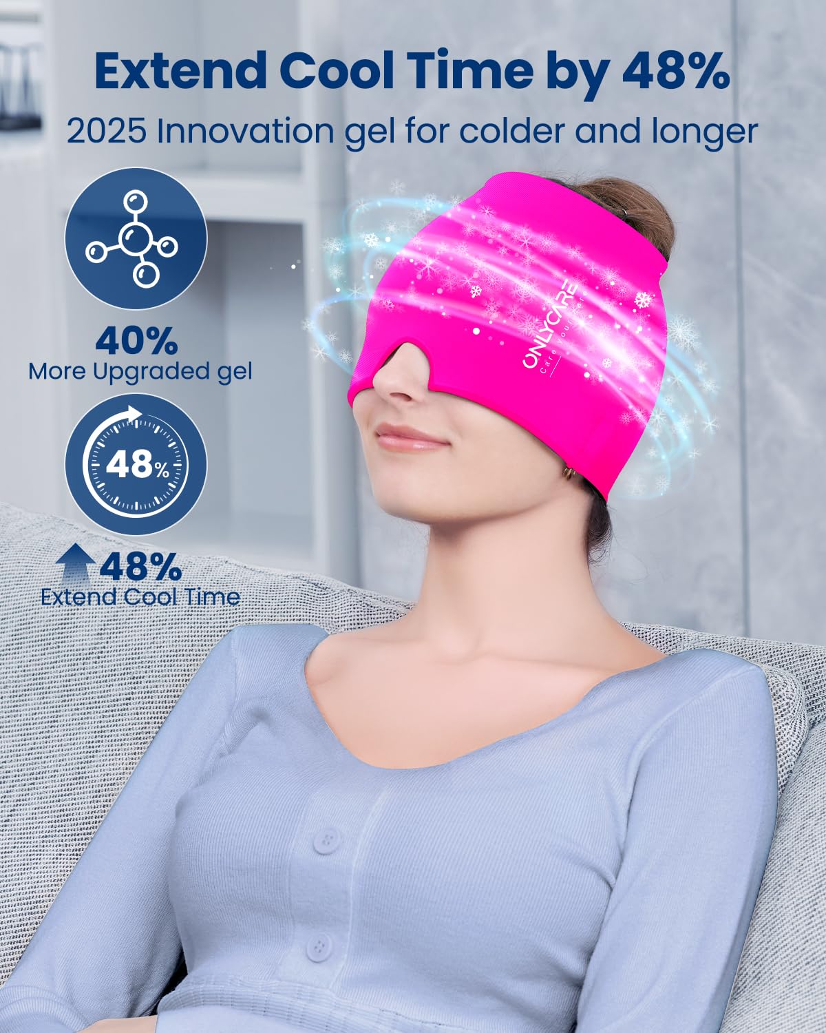 Migraine Relief Cap, ONLYCARE Headache Relief Cap, Soothing Migraine Mask, Odorless Gel Ice Head Wrap, Hot & Cold Therapy, Reusable Ice Pack for Tension and Stress (ROS Red)