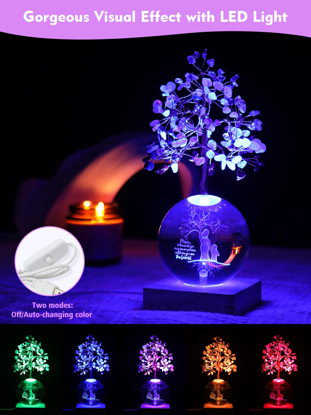 FOLKOR LIFE Chakra Tree Gift for Mom Women Birthday Mother’s Day, 3D Mom Kid Figurines Night Light Crystal Ball for Meditation Relaxation, Spiritual Tree Feng Shui Decor for Home Office Shelf Desk