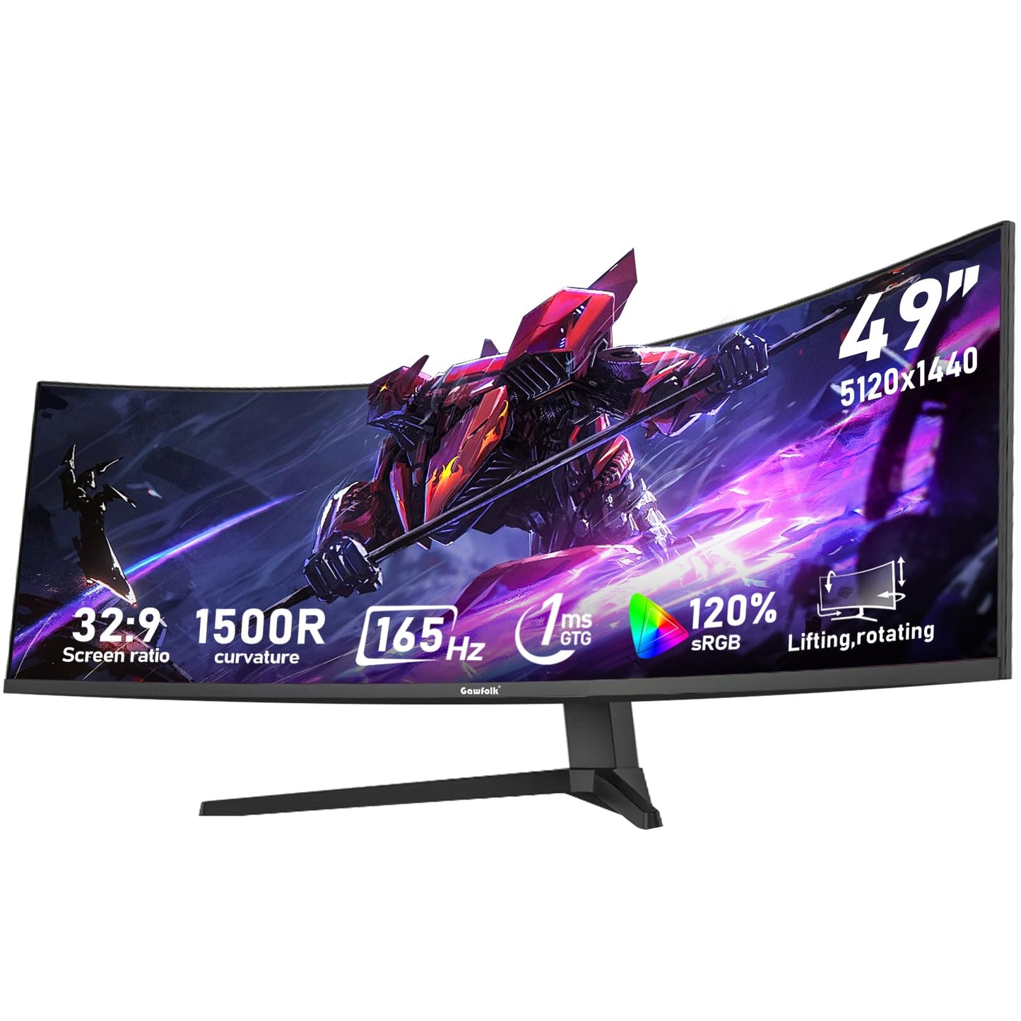 Gawfolk 49 inch Ultra-Wide Curved 1500R Gaming Computer Monitor, DQHD(5120  1440), 165Hz, 1MS, FreeSync, 120% sRGB, Height Adjus