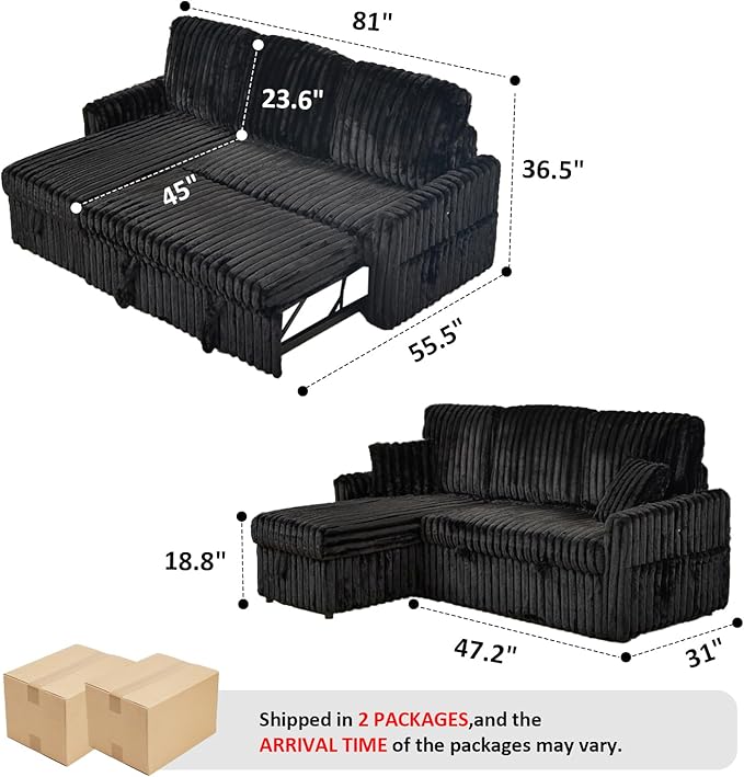 Sleeper Sofa Bed, 81” Pull Out Couch Bed with Reversible Storage Chaise, 3 in 1 L-Shaped Couch with Charging Station, Cup Holder, Side Pocket, Plush Corduroy Couches for Living Room(Black)