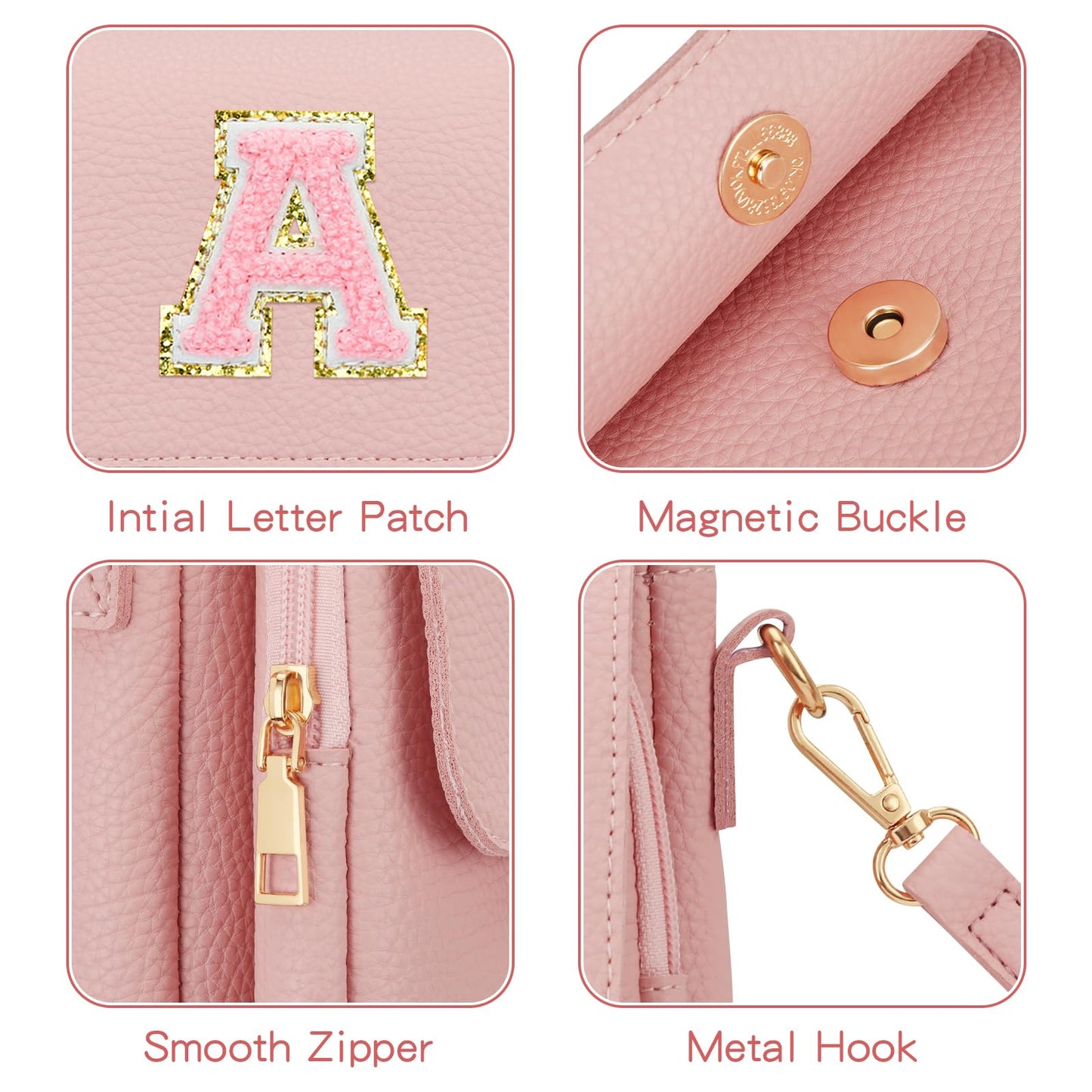 CLOUDWINGS Gift for Girls Small Initial Crossbody Bag for Teens Vegan Leather Cell Phone Kids Purse (Pink-A)