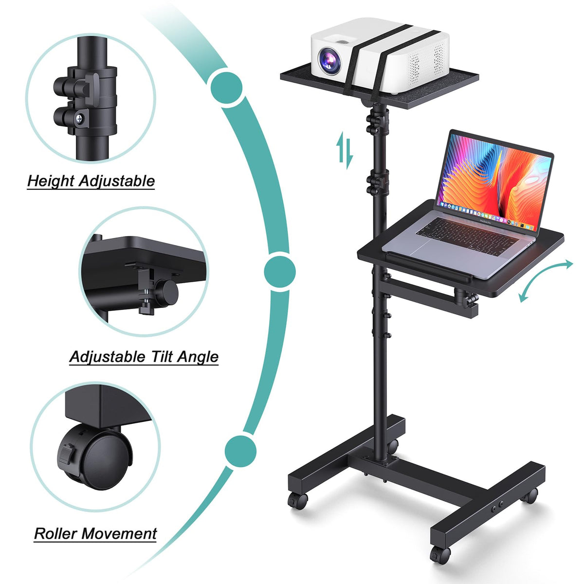 Facilife 2 Shelves Projector Stand Tripod, Mobile Laptop Cart on Wheels Projector Tripod Stand Adjustable Height 45 to 64 Inches, Overbed Table with Wheels, Rolling Laptop Floor Stand for Couch