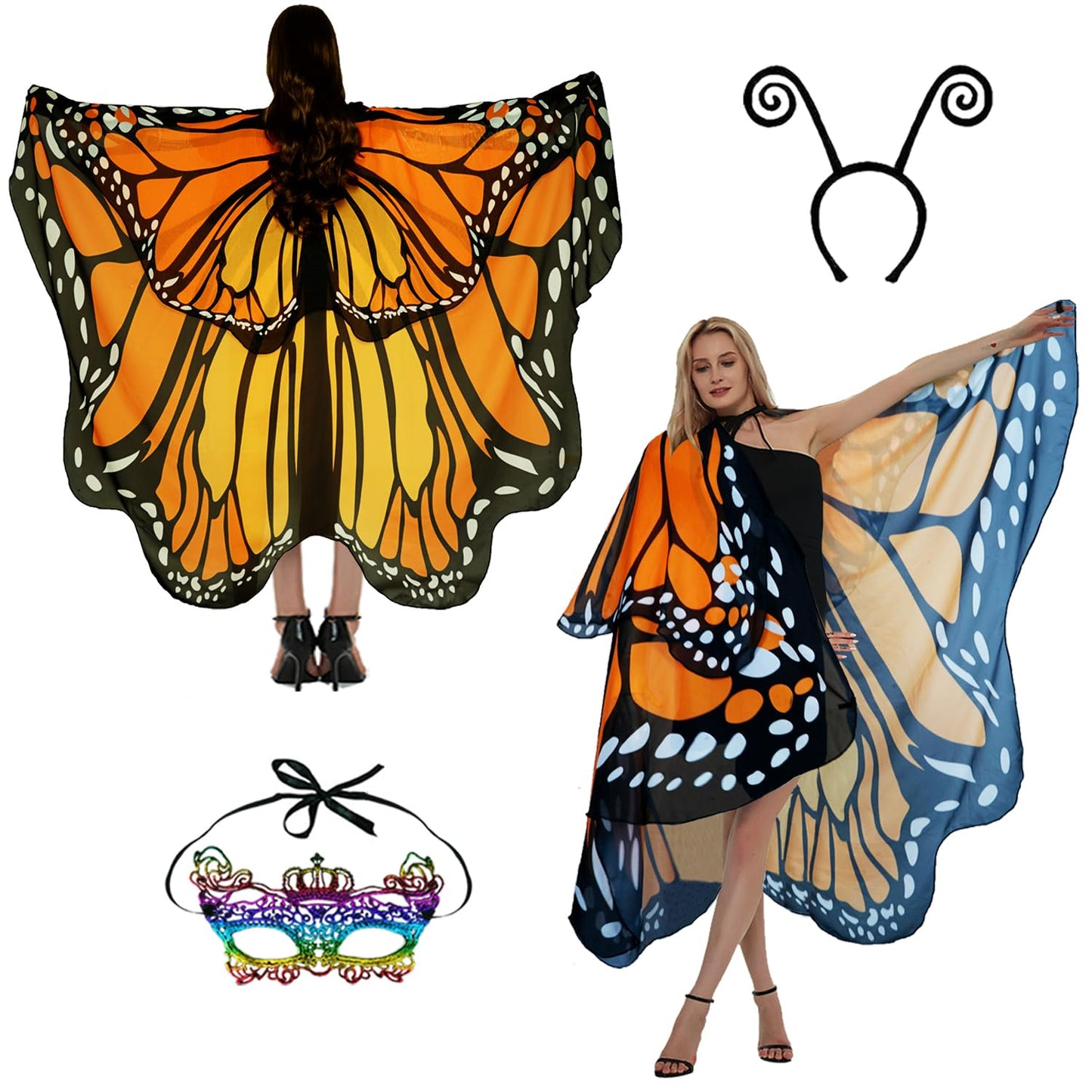 Halloween Costumes for Women Adult Double-Sided Butterfly Costumes Wing Cape Shawl 3Pcs （Orange & Yellow）