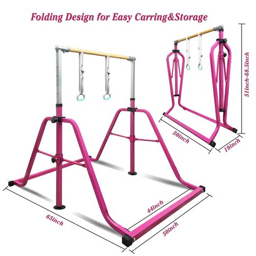 GLANT Gymnastics Bar for Kids with Rings Set, 7 Heights Adjustable Easy Folding Gymnastic Training Bar Kids Monkey Horizontal Bars - Max Load 300LBS (Pink)