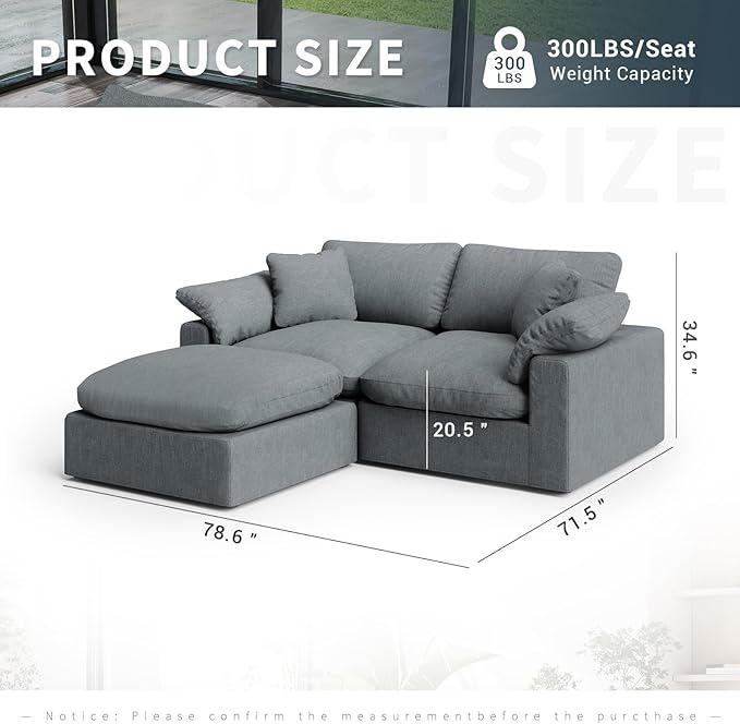 Intuition Decor Modular Sectional Sofa Cloud Couch,Down Filled Comfy Cloud Modern Sofa,L Shape Oversized Couch Cushion Covers Removable for Living Room,Light Blue