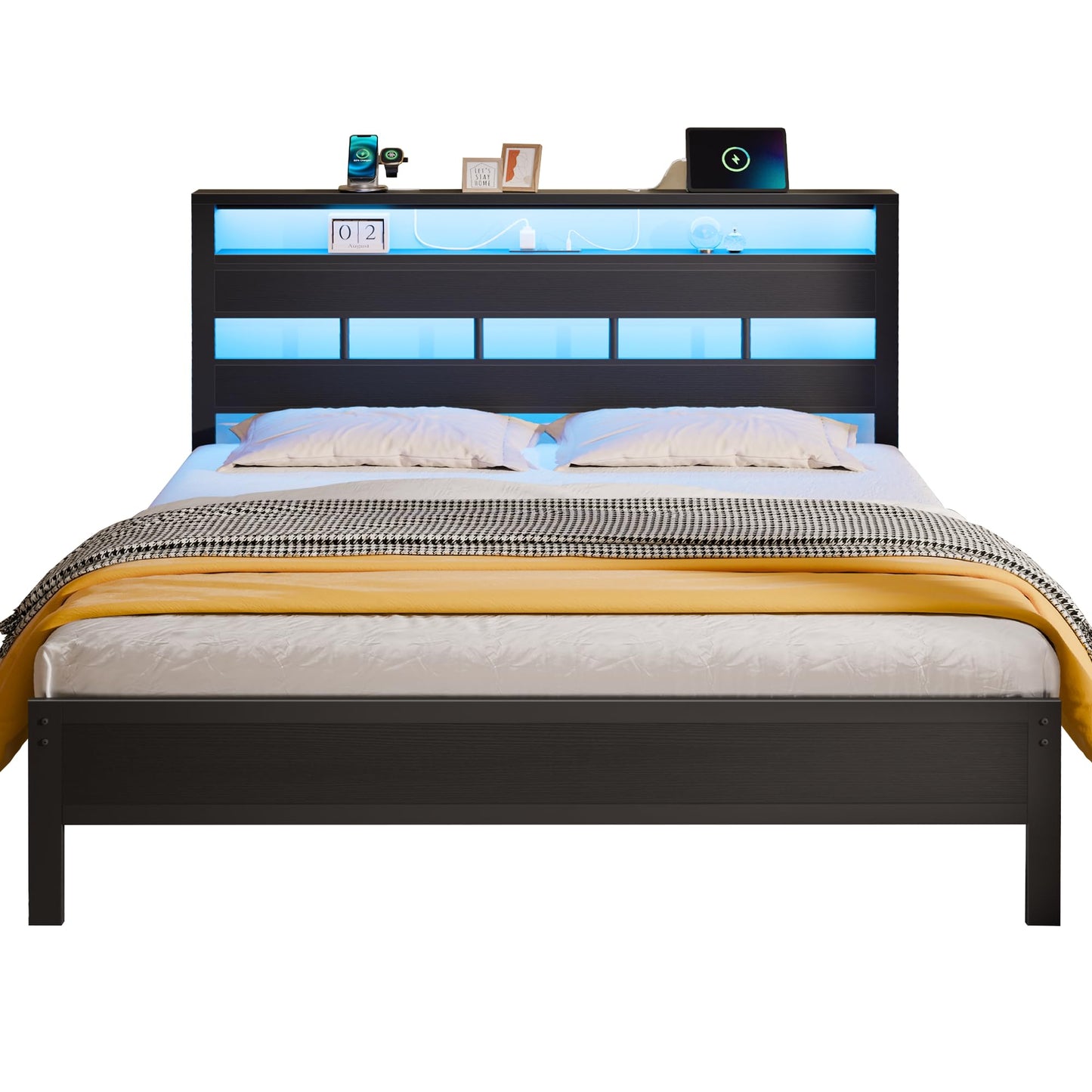Furnulem Queen Bed Frame with Storage Headboard and LED Lights, Metal Bedframe with Charging Station and USB Port, Queen Size Platform Bed with Heavy Duty Slats, No Box Spring Needed, Black Oak