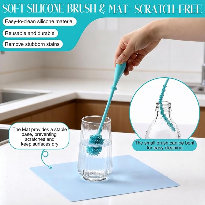 13 Piece Glass Cleaning Kit, Reusable Glass Cleaner Kit with Silicone Brushes, Cleaner Spray, Plugs & Caps, Mat, Folding Funnel, Microfiber Towel & Storage Bag, Effortless Cleaning & Easy Storage