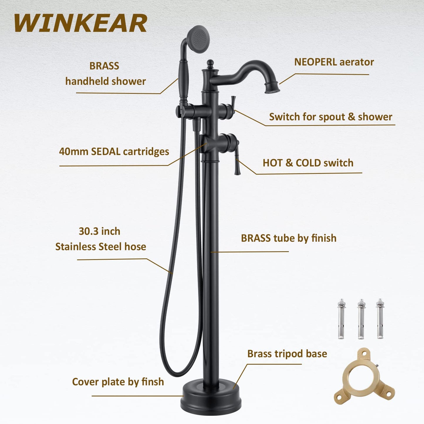 WINKEAR Freestanding Floor Mount Tub Filler with Handheld Shower Roman Bathtub Faucet by Matte Black Finish, Swivel Spout with Brass Rough-in and Water Hose
