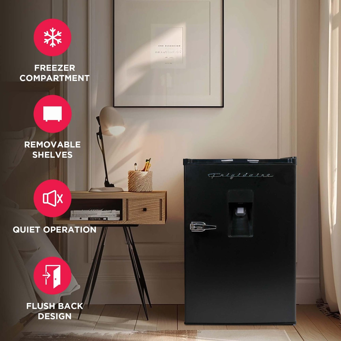 Frigidaire EFR494-BLACK Retro Compact Mini Fridge with Freezer Compartment, Chrome Handles, 4.4 Cu Ft, Built-in Water Dispenser, Black
