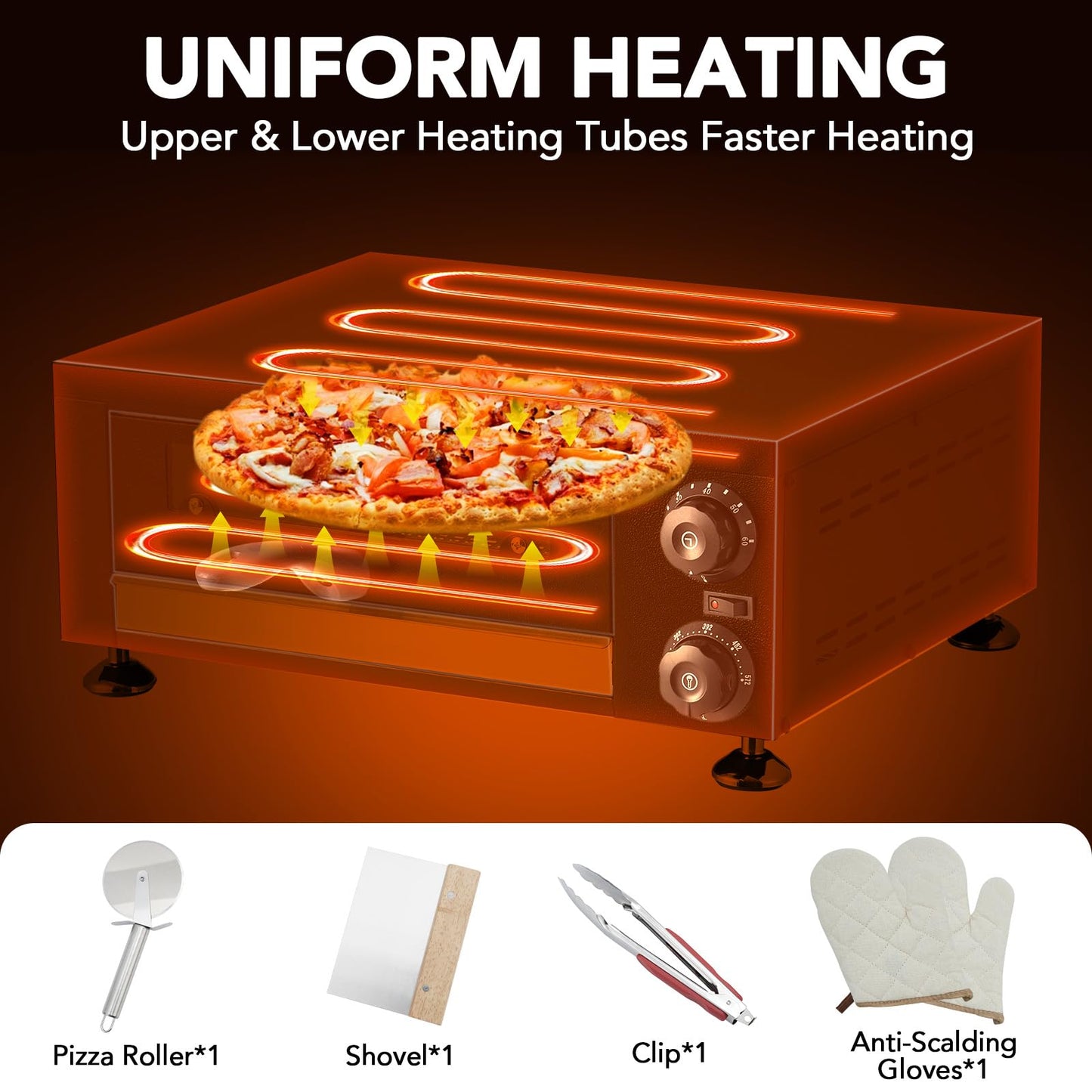 GarveeHome Electric Pizza Oven with Glass Door, 12 in Countertop Pizza Oven with 60 Minutes Timer, Pizza Maker Machine for Home and Commercial with Gloves, Clip & Pizza Roller