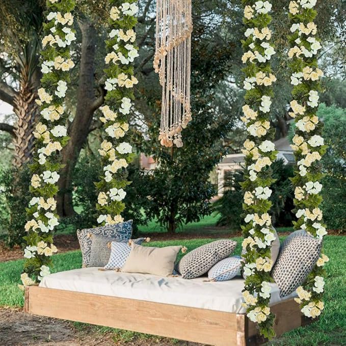 4 Pack Artificial Flower Garland Silk Roses Vines Fake Flowers Garland with Flowers Hanging Flowers Garlands for Wedding Arch Room Decoration 7.2 Ft (White)