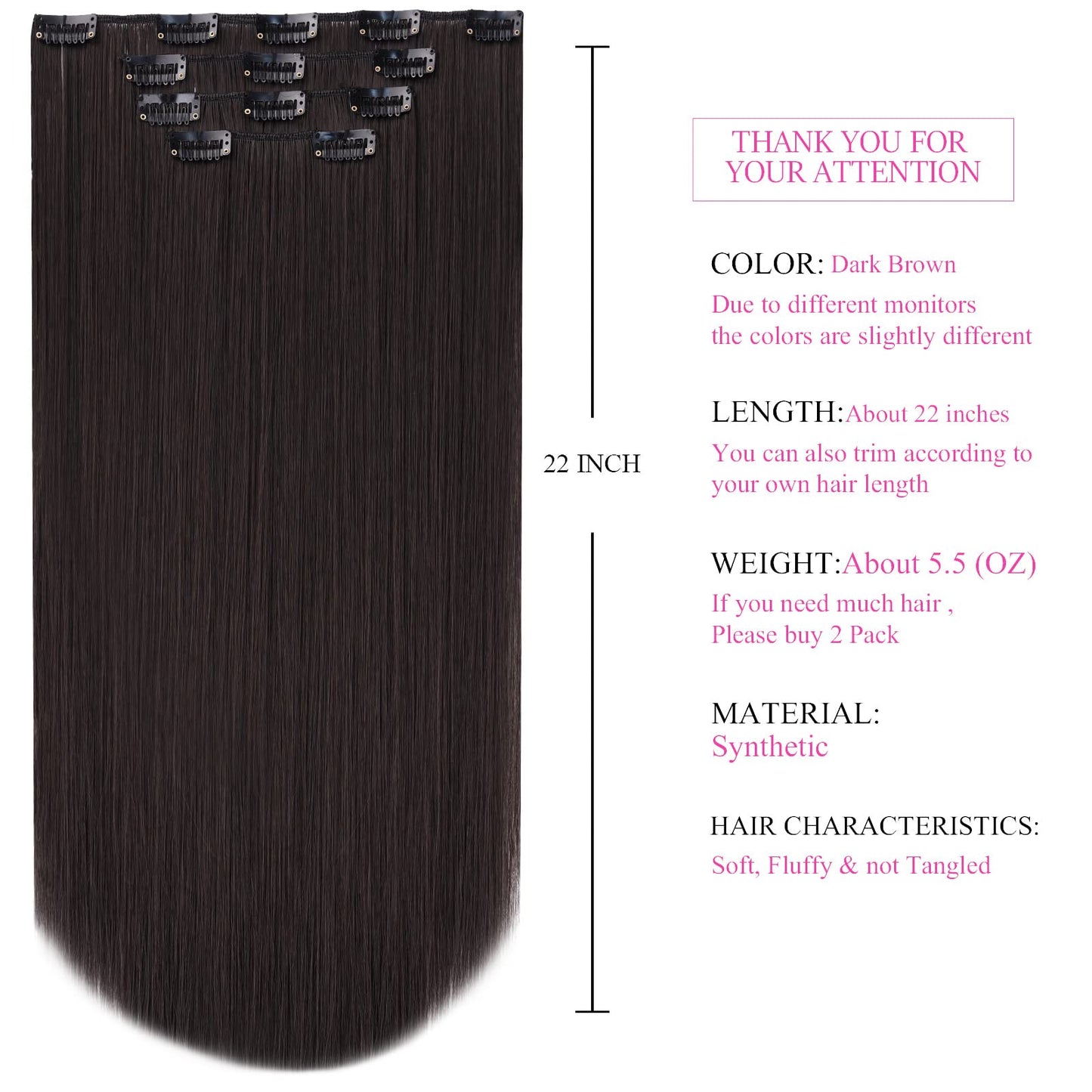 SYXLCYGG Dark Brown Hair Extensions Synthetic 4pcs Clip Hair Extension 22 5.5 Oz Straight Cheap Hair Piece Women Natural Fluffy&