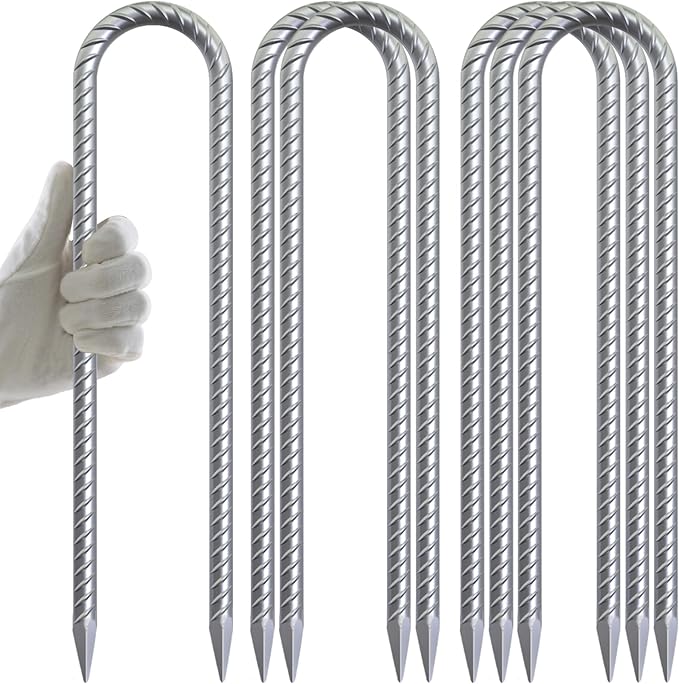 AAGUT Trampoline Stakes 12 Inch 6 Pack, 3/8 Inch Trampoline Tie Down Anchor Kit High Wind Heavy Duty, Galvanized Steel Trampolines Accessories U Shaped Ground Rebar Stakes for Soccer Goal, Swing Set
