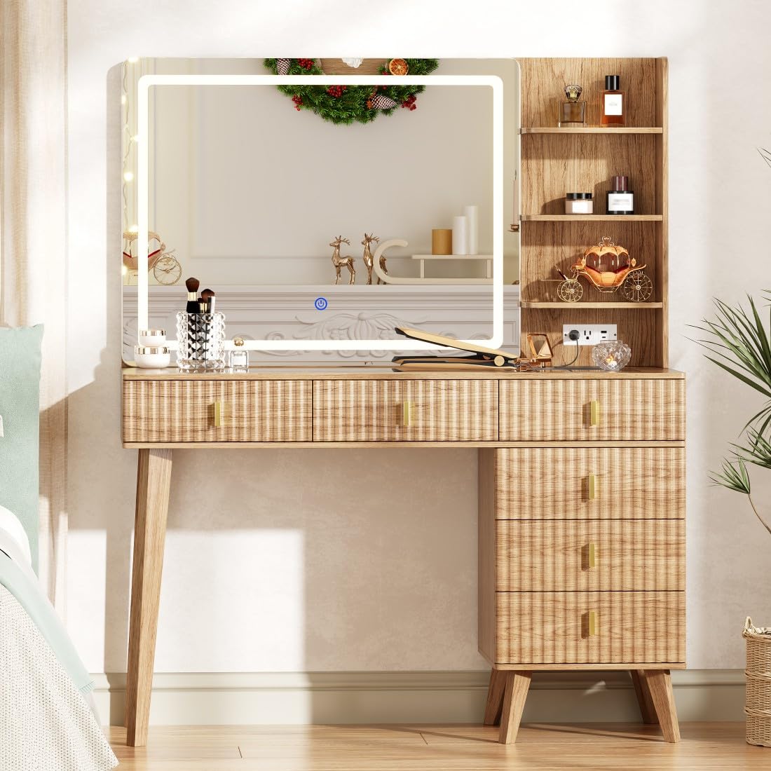 Ieejdn Fluted Makeup Vanity Desk with Large Mirror and Lights,Modern Glass Top Big Vanity Desk with 6 Drawers & Storage Shelves, Vanity Table with Power Outlet, Dressing Table for Bedroom,Oak