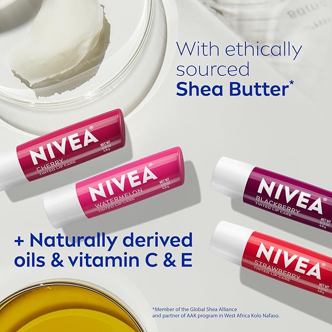 NIVEA Lip Care, Fruity Tinted Lip Balm Variety Pack, Holiday Lip Balm Gifts for Her, With Cherry, Strawberry, Blackberry and Watermelon Flavors, 0.17 Oz Stick, Pack of 4