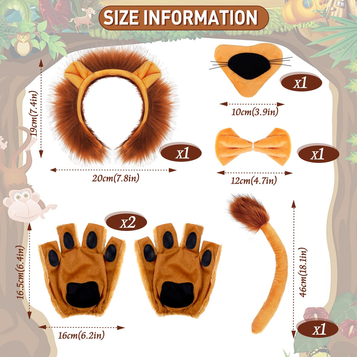NinkyNonk 6 PCS Lion Costume Kits Includes Lion Ears Headband Tail Nose Bowtie Gloves for Lion Cosplay Halloween Party Dress Up 101 Days of School Supplies