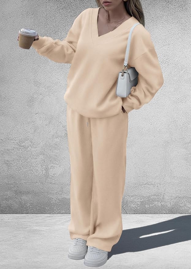 PRETTYGARDEN Casual Winter Two Piece Sets for Women 2026 V Neck Sweatshirt Loose Wide Leg Pants Tracksuit Knit Fall Outfits