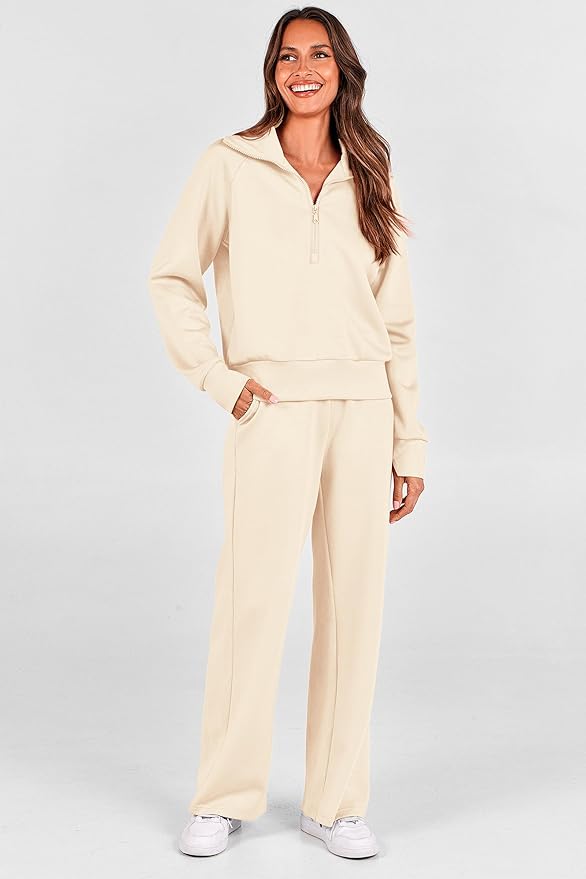 PRETTYGARDEN Women's 2 Piece Outfits Casual Lapel Half Zip Sweatshirts and Wide Leg Pants Tracksuit Sets