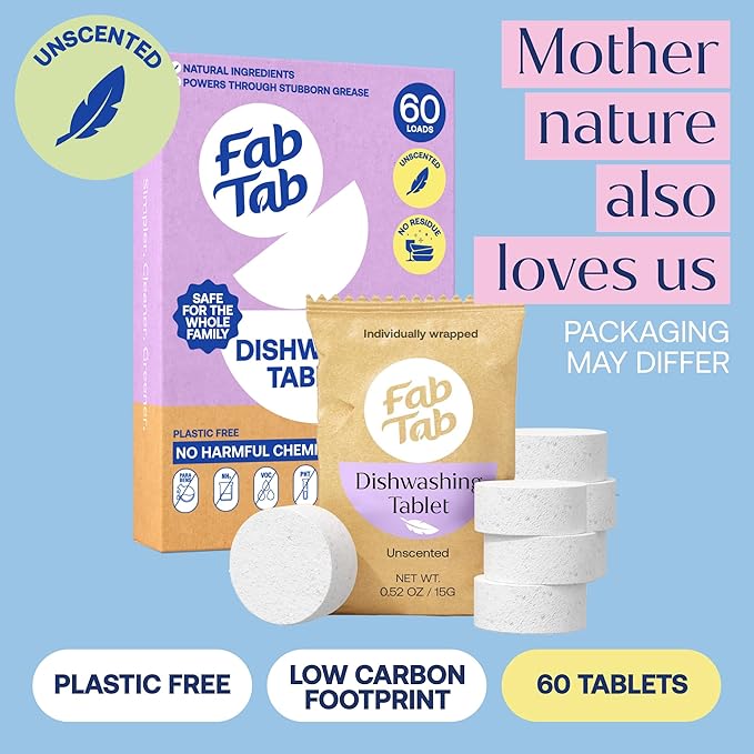 Fab Tab Dishwasher Tablets, Unscented, A Plastic Free Dishwasher Pod Alternative, Powers Through Grease, Leaves No Residue, Safe for The Whole Family, Individually Wrapped